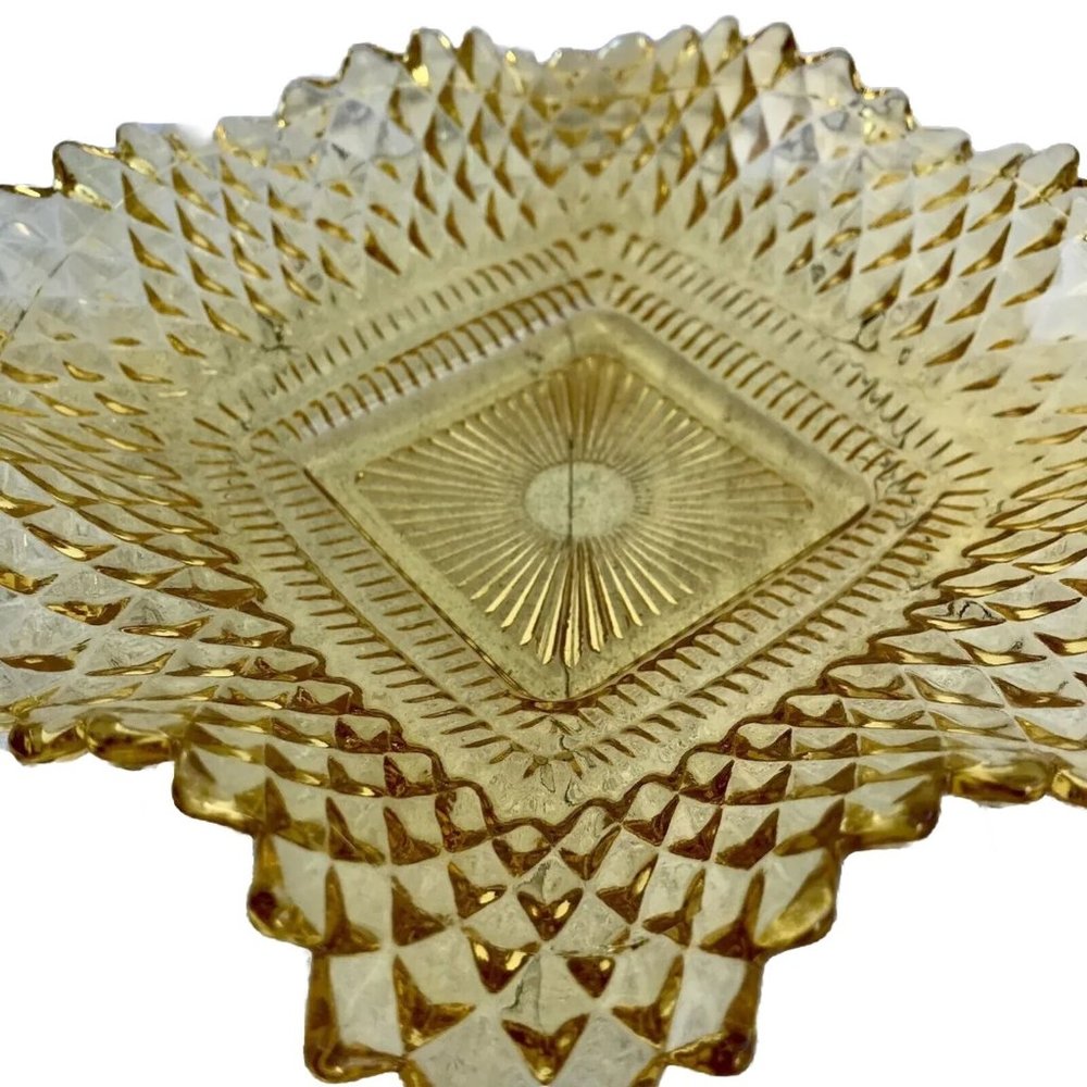 Vtg Yellow Amber 60s Glass Ruffled Diamond Point MCM Candy Trinket Dish Ashtray